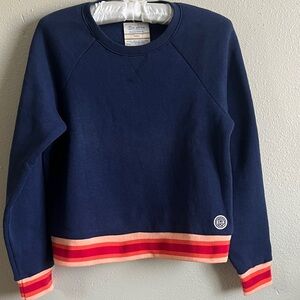 Marine Layer Navy Sweater with Red and Orange Stripes